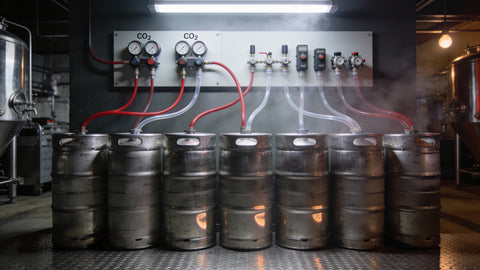 Comercial kegs in a cold room connected via tubes to co2 regulators