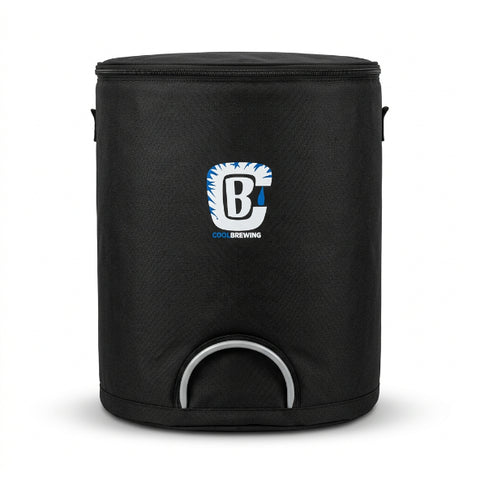 A black soft-sided cooler bag with a white and blue 'BC BUCKED UP' logo on the front, featuring a top zipper, shoulder straps, and a curved handle cutout at the bottom.