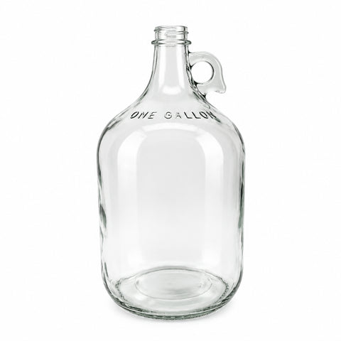 Clear glass jug labeled 'One Gallon' with a black lid on a white background