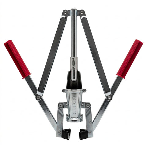 A metal tire inflator with red handles and black foot pedals, shown on a plain white background.