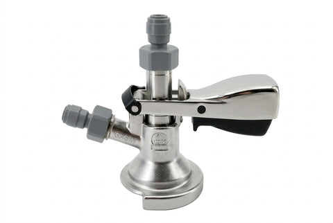 A stainless steel air brake valve with gray plastic couplings and a silver lever on a white background.