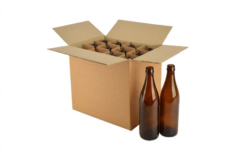 An open brown cardboard shipping box containing multiple amber glass bottles, with two empty amber glass bottles standing in front on a white background. The box label shows the brand Brownland.