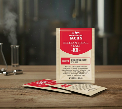 Mangrove Jacks Belgian Tripel Yeast package on a wooden surface with a blurred background