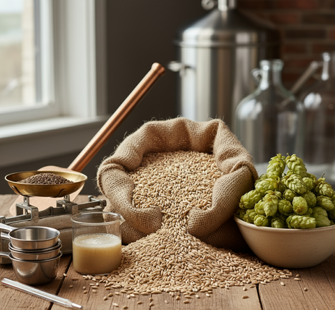 Ingredients for brewing on a wooden table with a window in the background