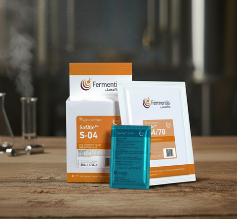 Fermentis brewing products on a wooden surface with a blurred background