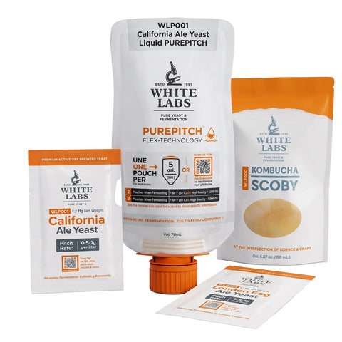 White Labs PurePitch California Ale Yeast liquid purepitch product packaging shown with a large white and orange pouch, a smaller single-use California Ale Yeast sachet, a Kombucha SCOBY sachet, and a printed instruction card on a clean white background.
