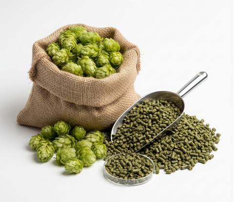 Hops cones and pellets with a scoop on a white background.