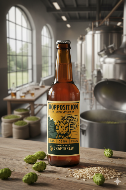 Beer bottle with a label on a wooden surface in a brewery setting