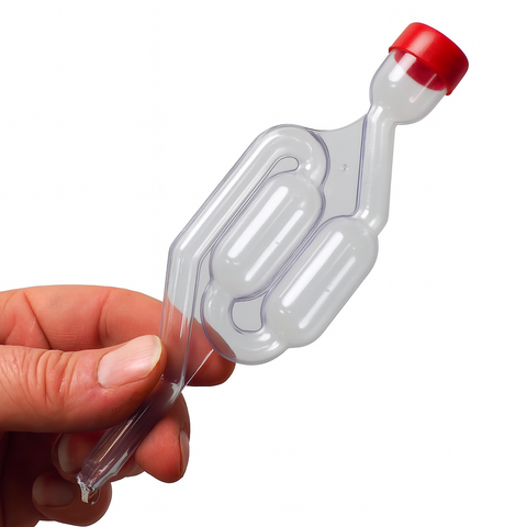 Airlock s shapre with a red cap held by a hand on a white background