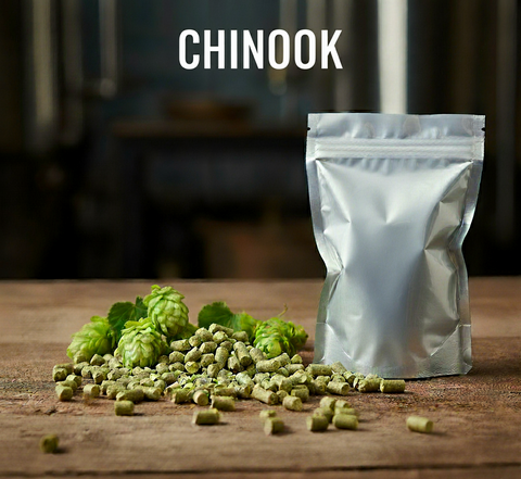 Green hops on a wooden surface with a white packaging bag labeled 'CHINOOK'.