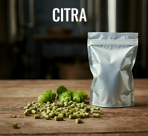 Citra hops with a silver packaging bag on a wooden surface