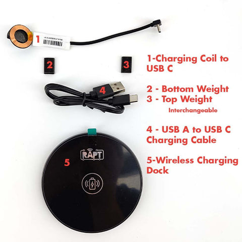 Wireless charging dock with labeled components on a white background