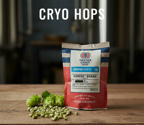 Yakima Chief Simcoe Cryo Hops package on a wooden surface with hops visible