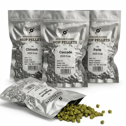 Packages of hop pellets with visible branding and product names on a white background