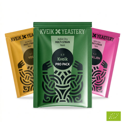 A pink package of Kveik Yeastery Active Dry Multi-Strain Yeast, featuring a black circular label with 'STALLENJ' and a black geometric pattern. A green organic certification logo is shown in the top-left corner on a white background.