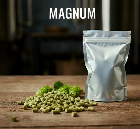 Silver package labeled 'Magnum' with green hop cones on a wooden surface