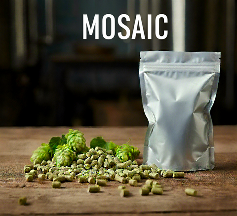 Mosaic hops with a nitrogen flushed package on a wooden surface