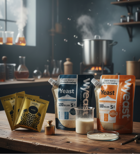 Yeast packages on a wooden table with a brewing setup in the background